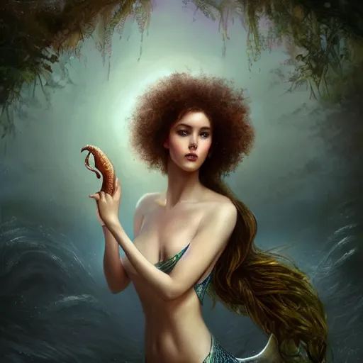 Image similar to beautiful mermaid with curly hair, magical details, magical atmosphere, digital art, concept art, devianart, cinematic lighting, hyper - detailed, cgsociety, 3 - d 8 k, high resolution, in the style of charlie bowater, tom bagshaw, alexis franklin, elena masci, pawel rebisz