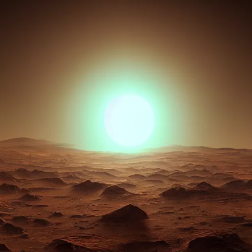 Prompt: epic picture of the sun on the horizon of the first human civilization on mars, high detail, 8 k