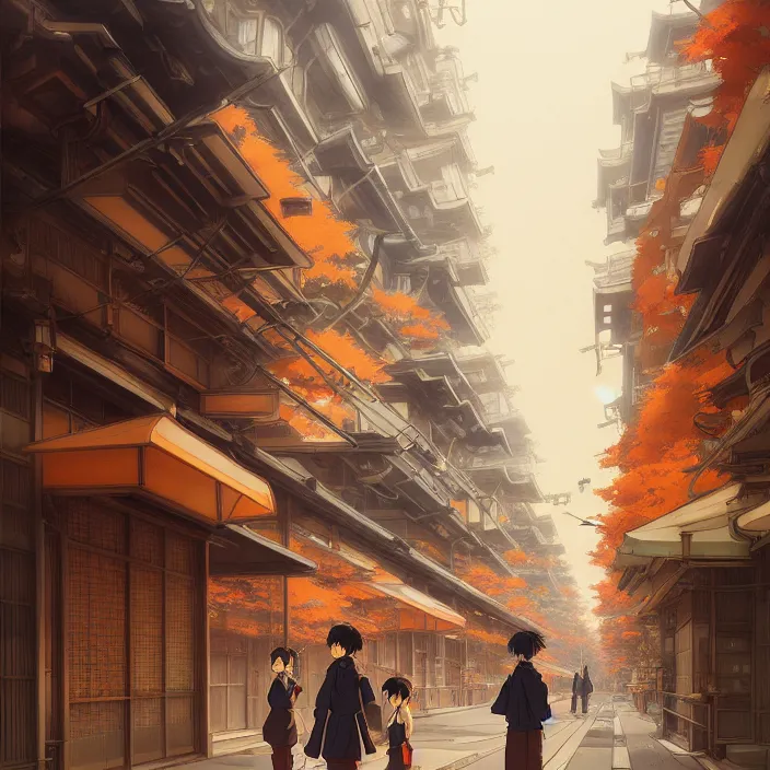 Image similar to empty tokyo, autumn, in the style of studio ghibli, j. c. leyendecker, greg rutkowski, artem