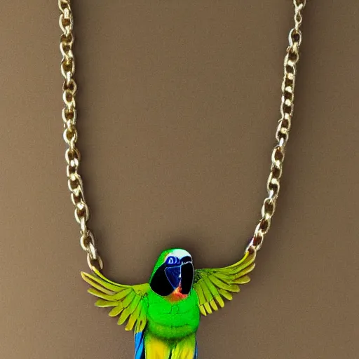 Prompt: a photo of a green parrot with a chain necklace around it's neck, the parrot is wearing the chain necklace around his neck, ultra high detail, 8 k.