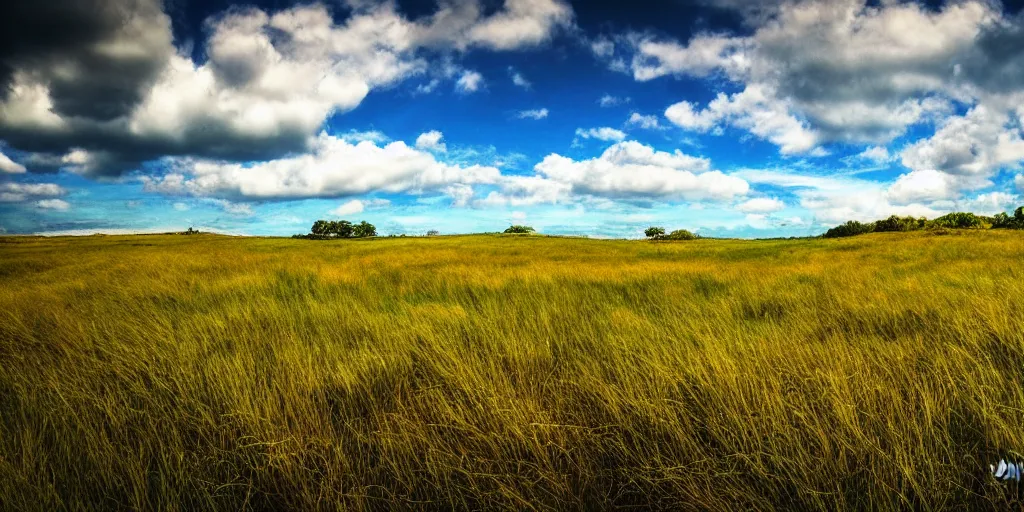 Prompt: a view of a grassy landscape, puffy clouds, photograph, cinematic, 4 k, detailed, beautiful view, vibrant