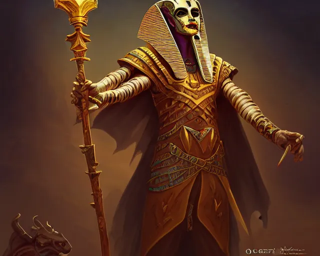 Image similar to an undead desert lich pharaoh, holding a goat head staff, egyptian, beetle, deep focus, d & d, fantasy, intricate, elegant, highly detailed, digital painting, artstation, concept art, matte, sharp, illustration, hearthstone, art by artgerm and greg rutkowski and alphonse mucha