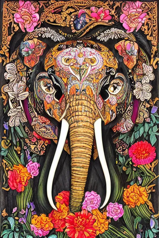 Image similar to Painted dark-wood panel relief carving of a close up of a Flowerpunk Matriarch Elephant, ornate border frame, explosion of colorful flowers, dark wood, intricately carved, black ink, festival of rich colors, intricate details, cinematic lighting, volumetric lighting, post-processing, art nouveau, by andreas rocha and john howe, and Martin Johnson Heade, featured on artstation, featured on behance, golden ratio, hyper detailed, photorealistic, epic composition, center spotlight, f32, well composed, symmetrical, UE5, 8k