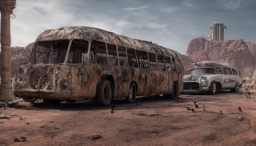 Image similar to bus of tourists visiting las vegas ruins in mad max, hyperdetailed, artstation, cgsociety, 8 k