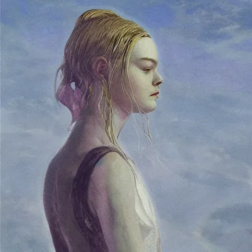 Image similar to Elle Fanning in the painted world of Dark Souls, head and shoulders masterpiece, apocalypse, golden hour, cosmic horror, artstation, in the style of Andrew Wyeth and Edward Hopper and Bosch, extremely detailed