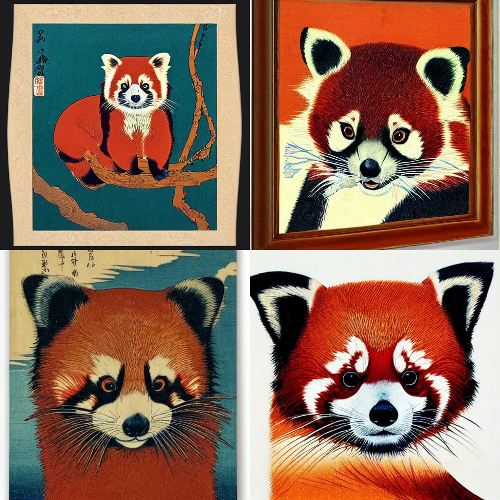 Prompt: portrait of a red panda by hokusai, symmetrical, highly detailed, colorful, warm colors