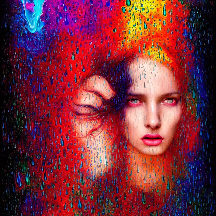 Image similar to bright asthetic portrait of LSD in rain with wet hair and one face, liquid, fantasy, intricate, elegant, dramatic lighting, highly detailed, lifelike, photorealistic, digital painting, artstation, illustration, concept art, smooth, sharp focus, art by John Collier and Albert Aublet and Krenz Cushart and Artem Demura and Alphonse Mucha