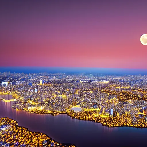 Prompt: beautiful japanese city at night time, bird eye, side view, sea, lake, moon, bloom, shiny light, realistic,