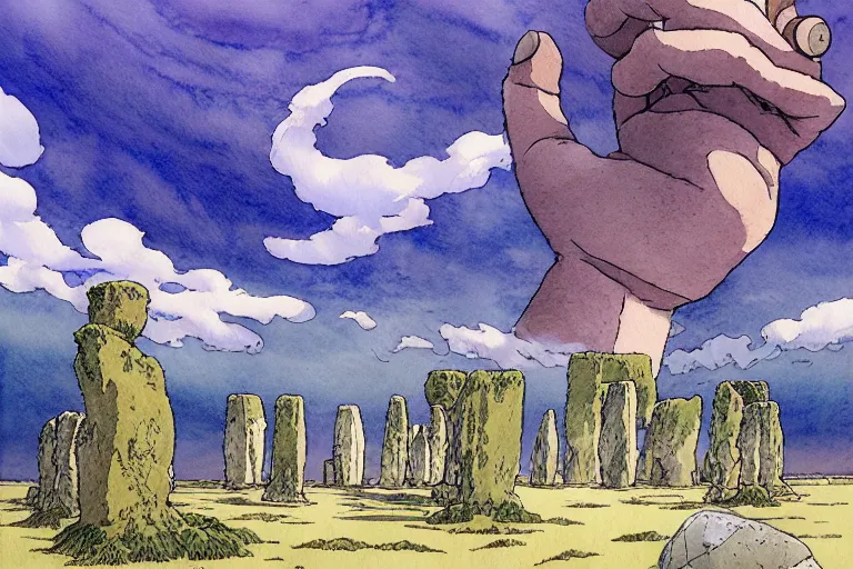 Prompt: a hyperrealist studio ghibli watercolor fantasy concept art. in the foreground is a giant hand coming down from the sky holding a stone. in the background is stonehenge. the scene is underwater on the sea floor. by rebecca guay, michael kaluta, charles vess