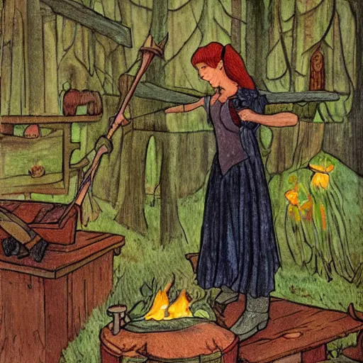 Image similar to the blacksmits’ daughter, working in the forge, fantasy art in the style of Elsa Beskow,