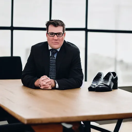 Image similar to Chubby clean-shaven white businessman sitting at a wooden conference table with a black shoe laying on table