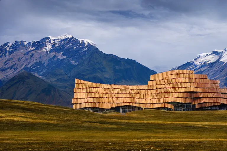 Image similar to architecture photo modern wooden fachwerk giant opera building settlement with Elbrus mountain on the background, architecture, photorealism 8k , shining and happy atmosphere, uplight, high details