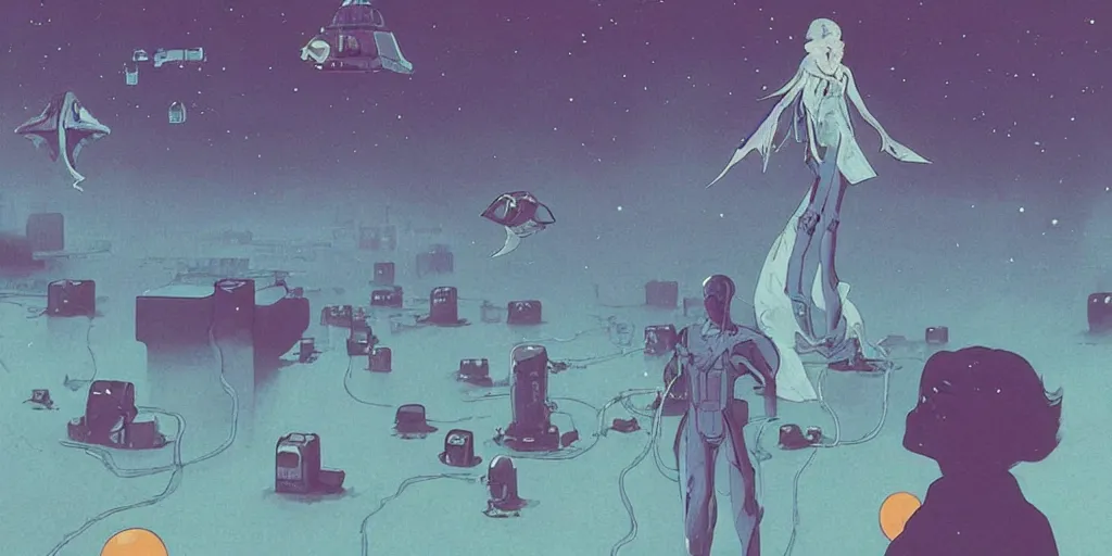 Image similar to vintage sci - fi, matte gouache illustration, gigantic woman speaking to floating cats in the air, cubes of ice around, a lot of tears, people crying, ominous, style by moebius