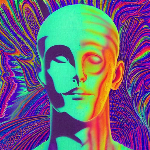 Prompt: man trasforming into an enlightened being, psychedelic, vaporwave,'9 0 s