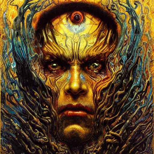 Image similar to Visions of Hell by Karol Bak, Jean Deville, Gustav Klimt, and Vincent Van Gogh, nightmare portrait, infernal, visionary, otherworldly, fractal structures, ornate gilded medieval icon, third eye, hellfire, stygian, spirals, cosmic horror