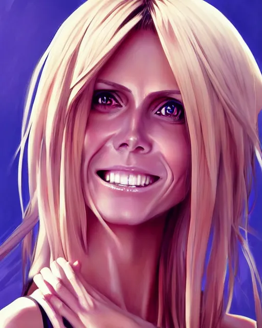 Image similar to portrait of Heidi Klum as Anime girl cute-fine-face, full body! pretty face, realistic shaded Perfect face, fine details. Anime. realistic shaded lighting by Ilya Kuvshinov Giuseppe Dangelico Pino and Michael Garmash and Rob Rey