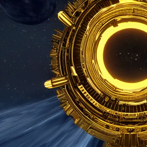 Image similar to a celestial black metal spaceship getting out of a golden intricate halo portal in the heavens, unreal engine 5