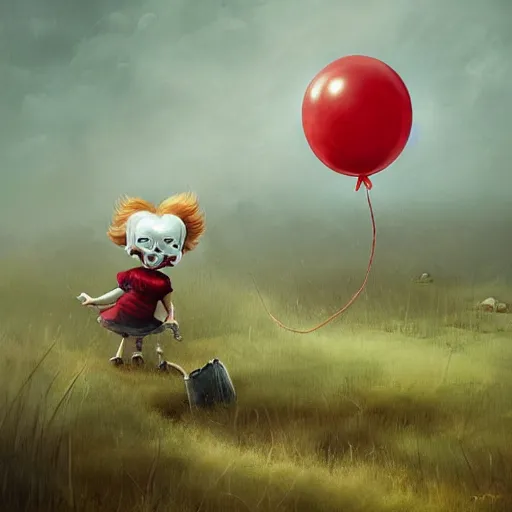 Image similar to grunge cartoon landscape painting of bilie eilish with a wide smile and a red balloon by - michal karcz, loony toons style, pennywise style, horror theme, detailed, elegant, intricate