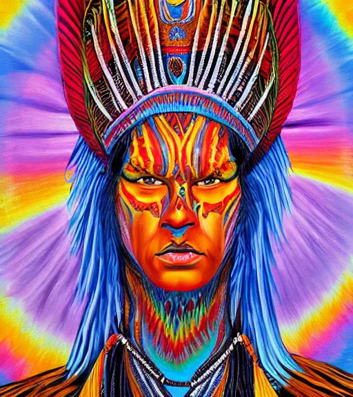 Prompt: Portrait painting in a style of Alex Grey of a shaman dressed in a colorful traditional clothes.