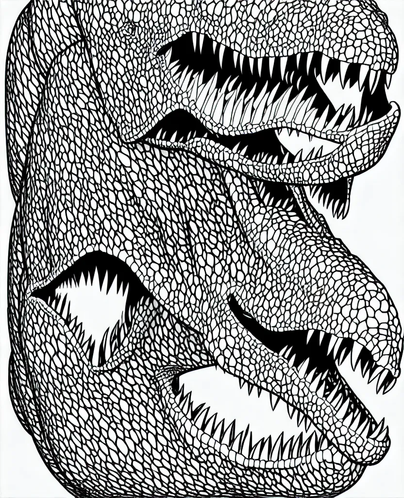 Prompt: trex dinosaur, symmetrical, accurate, simple clean lines, black and white, no shading, coloring book, graphic art, line art, vector art, by martina matteucci, pavel shvedov, peter lundqvist, diane ramic, artstation