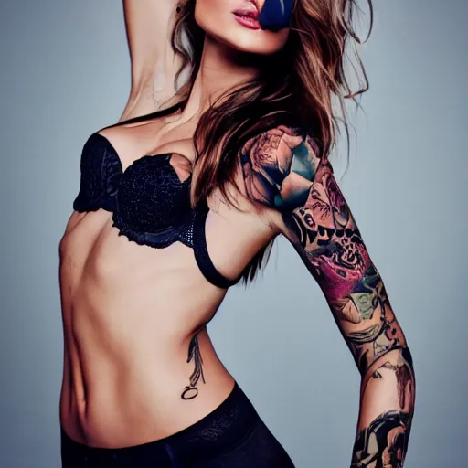 Prompt: fully body pose, photo of a very beautiful!! victoria secret model, fully tattooed, 8 k, hdr, smooth, sharp focus, high resolution, award - winning photo, trending on artstation, dslr, 5 0 mm c 1 5. 0