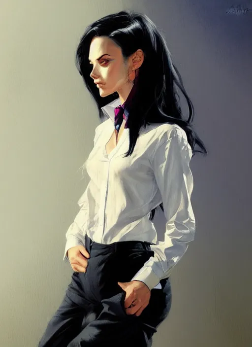 Prompt: a ultradetailed beautiful panting of a stylish woman wearing a shirt with a tie, she has black hair, disressed, background explosion, by jesper ejsing, jon foster, greg rutkowski on artstation