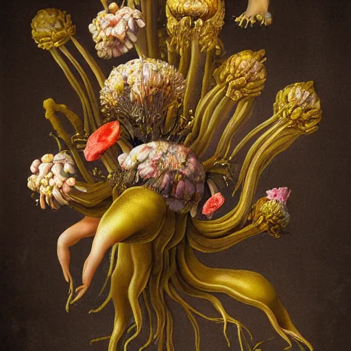 Image similar to disgusting disturbing dutch golden age bizarre mutant insect flower floral still life with many human toes realistic human toes blossoming everywhere very detailed fungus tumor disturbing tendrils bizarre slimy forms sprouting up everywhere by rachel ruysch black background chiaroscuro dramatic lighting perfect composition high definition 8 k 1 0 8 0 p