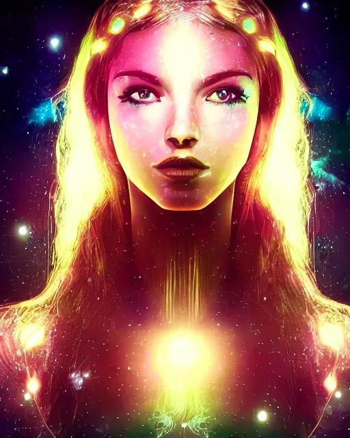 Prompt: a gorgeous young woman in dead space, with wild blonde hair and haunted eyes, 1 9 7 0 s, space station, neon light showing injuries, delicate ex embellishments, painterly, offset printing technique