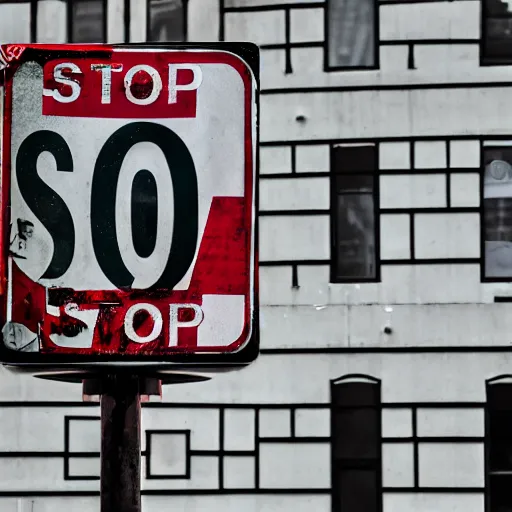 Image similar to stop sign in a dystopian city