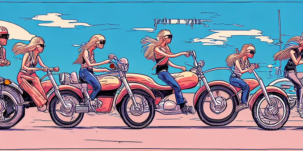 Image similar to four people riding on motorcycles in finland, summer, cartoon, moebius style, hyper - detailed