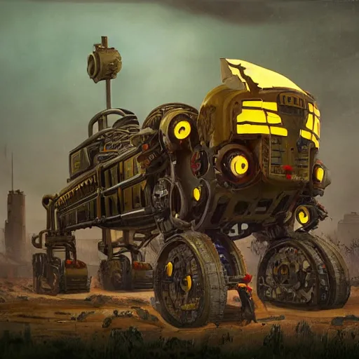 Prompt: giant scary quadrupedal mining machine with drill, four legs, highly detailed body, retro, industrial, dark, dystopian, apocalyptic, in the style of simon stalenhag