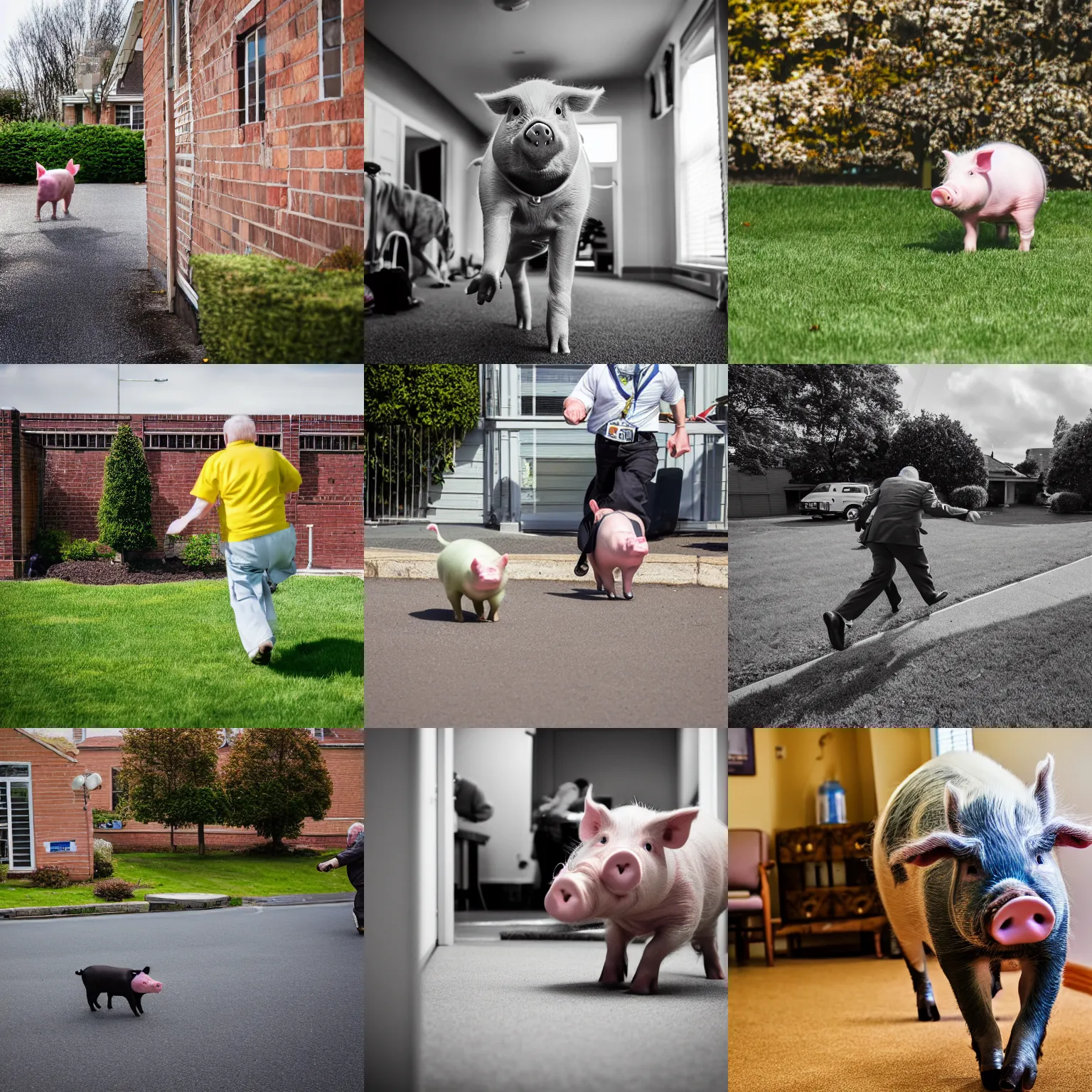 Prompt: sprinting pig in a retirement home, sigma 2 4 mm f / 8 1 / 1 0 0 0 sec. shutter.