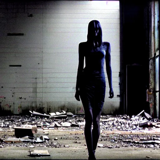 Image similar to runaway beautiful supermodel replicant standing in a dirty abandoned factory, still from closed circuit tv footage, high angle