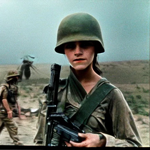 Image similar to film still, extreme far view, emma watson vietnam door gunner, film still from apocalypse now ( 1 9 7 9 ), 2 6 mm, kodak ektachrome, blue tint expired film,