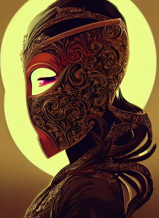 Prompt: a beautiful masked woman wearing a venetian mask, intricate, elegant, highly detailed, digital painting, artstation, smooth, sharp focus, cyberpunk darksynth, cinematic, opalescent mist, dramatic lighting, illuminated lines, outrun, vaporware, by ruan jia and ilya kuvshinov and alphonse mucha