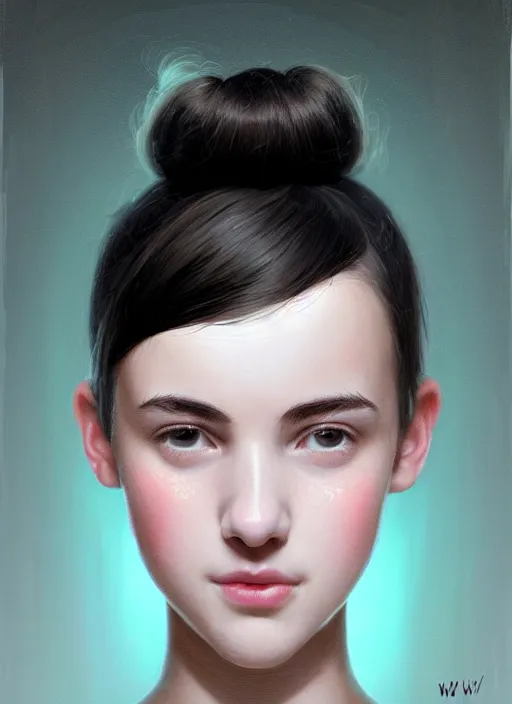 Image similar to portrait of white teenage girl, narrow face, short black hair and eyebrows, bangs, half updo hairstyle, buck toothed smile, unattractive, defined jawline, long chin, hair bow, intricate, elegant, glowing lights, highly detailed, digital painting, artstation, sharp focus, illustration, art by wlop, mars ravelo and greg rutkowski