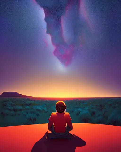 Image similar to man sitting at uluru, medicine drum, night sky, small fire, cosmic sky, behance hd by jesper ejsing, by rhads, makoto shinkai and lois van baarle, ilya kuvshinov, rossdraws global illumination radiating a glowing aura global illumination ray tracing hdr render in unreal engine 5