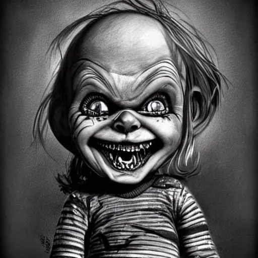 Image similar to surrealism grunge cartoon portrait sketch of chucky with a wide smile, by michael karcz, loony toons style, freddy krueger style, horror theme, detailed, elegant, intricate