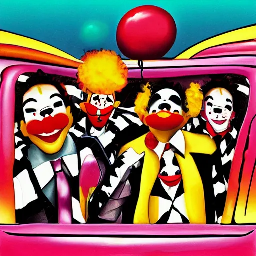 Image similar to clown car crash, album cover