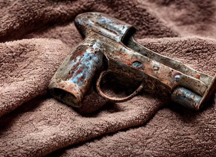 Prompt: An old rusty pistol on a towel, deeply rusted, water damage, detailed picture,