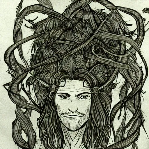 Image similar to male firbolg druid pointy ears with vines as hair hibiscus flowers detailed drawing