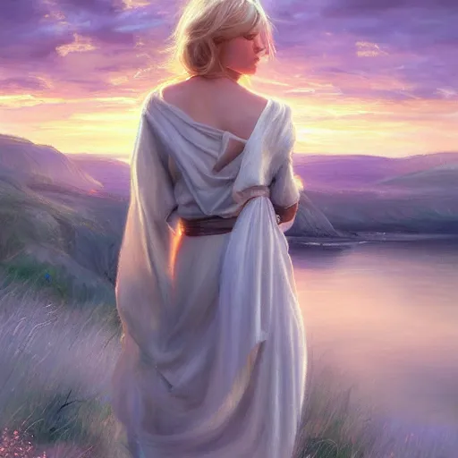 Image similar to blonde female jedi, Swedish countryside, landscape view, archipelago, freedom, dawn, sunrise, beautiful, by Vladimir Volegov, wlop, artstation