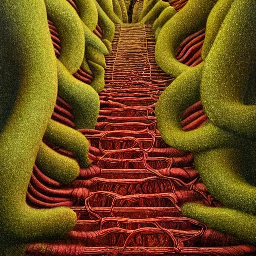 Prompt: intricate stunning highly detailed illustration of the inca lost city of gold, red blood blood blood rivers running through stairs, blood red 🌱, by agostino arrivabene and vladimir kush, surreal, digital painting, ultra realistic, dramatic lighting, twisted vines, lush plants, gold, inca, pristine water, artstation