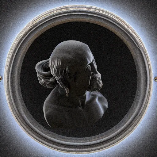 Prompt: a 3 d neon circle surrounding the head of a renaissance statue like a planetary ring, 3 d render, black background, ray tracing, 8 k resolution, sharp focus, very detailed, hyper realistic