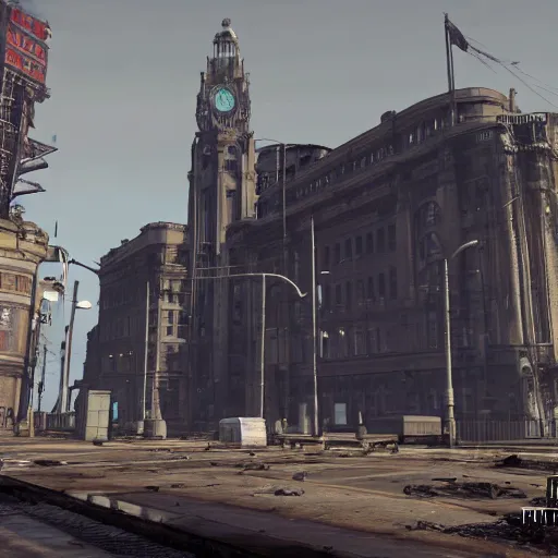 Prompt: royal liver building, liverpool in ruins post - nuclear war in fallout 4, in game screenshot