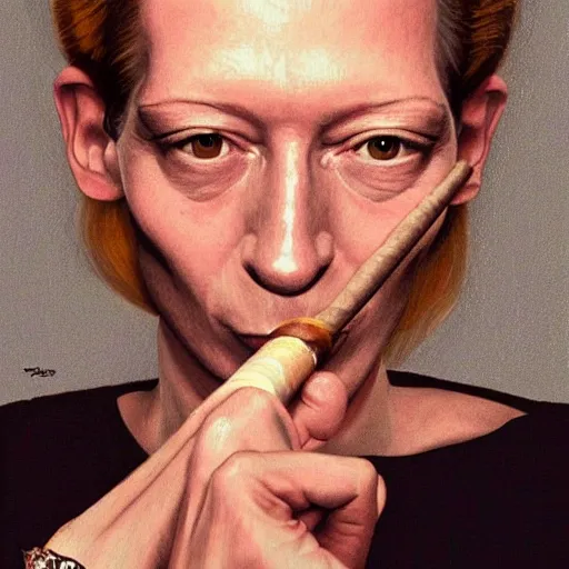 Image similar to caricature portrait of a beautiful 20 year old Tilda Swinton smoking a cigar by Mario Testino, headshot, detailed, award winning, oil painting