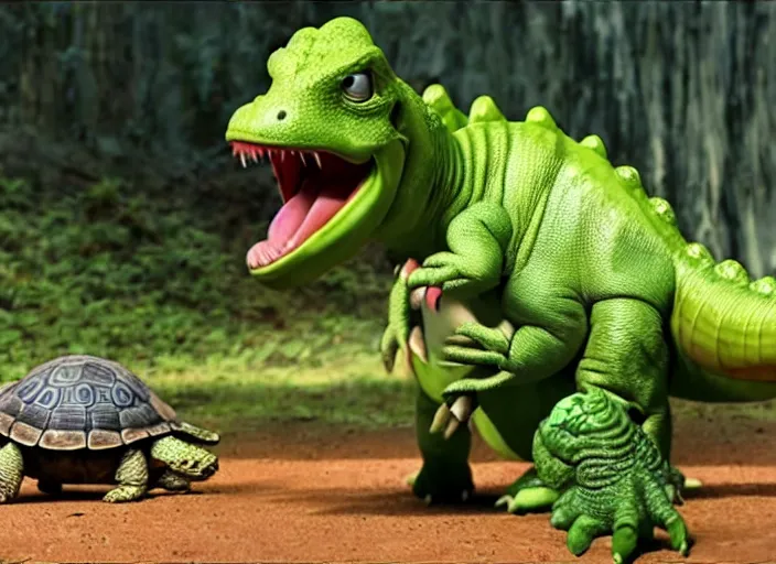 Image similar to film still of yoshi in the new sci - fi movie, upright dinosaur with a small turtle shell and long tongue, 8 k