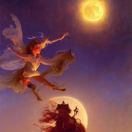 Image similar to witch magically flying trough the night, fantasy, full moon in background. highly detailed painting by gaston bussiere, craig mullins, j. c. leyendecker 8 k