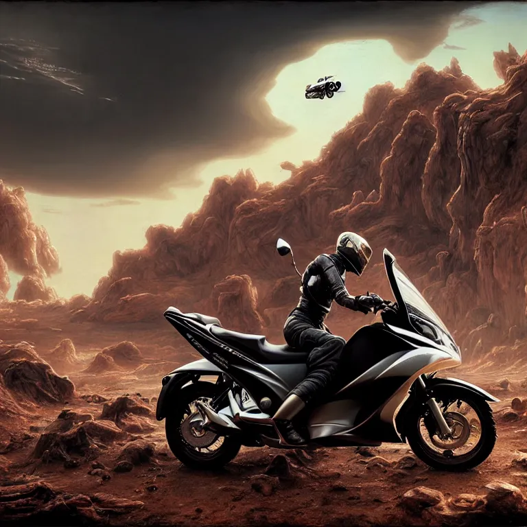 Image similar to landscape ad for yamaha aerox 2 0 0 4 motorbike in dirty wastelands on exoplanet, baroque painting, dramatic sky, beautiful intricate insanely detailed octane render, artstation, 8 k artistic photography, photorealistic, volumetric perfect light, chiaroscuro, raphael, caravaggio, beksinski, rutkowski, giger