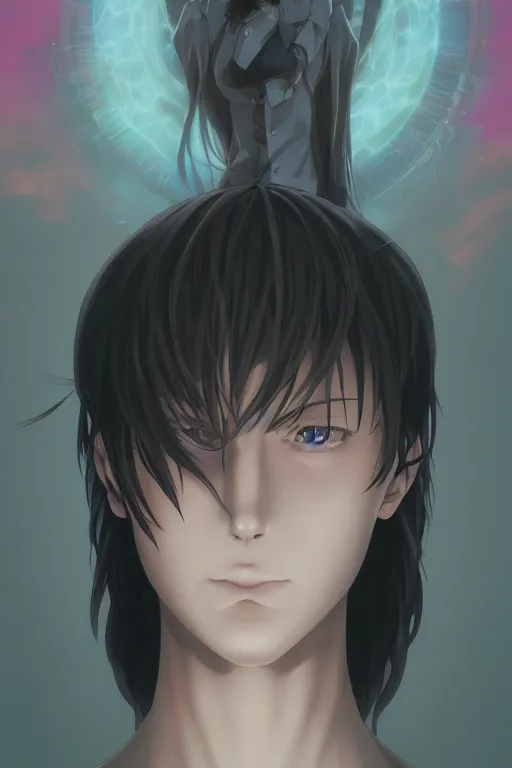 Image similar to portrait of an anime manga guy with psychic powers, straight on portrait, by artgerm, james jean, tom bagshaw, gerald brom, vaporwave colors, lofi colors, vaporwave, lofi, goth vibe, 4 k, smooth, hd, substance designer render, full body character concept art, symmetrical, perfect face, detailed face,